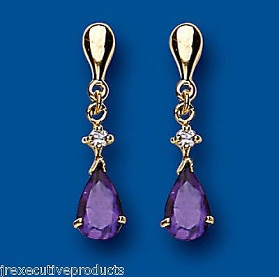 Amethyst and Diamond Earrings Yellow Gold Drop Drops Butterfly Back Hallmarked