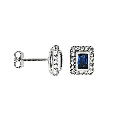 Emerald Cut Sapphire Earrings Sterling Silver Stud British Made 925 Hallmark