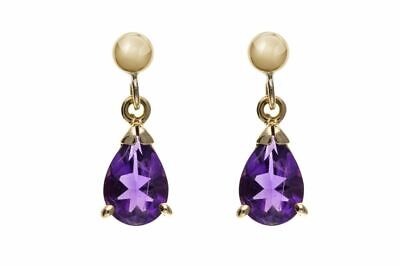 Gold Amethyst Pendant & Earrings Set Pear Drop Solid Yellow Gold Hallmarked