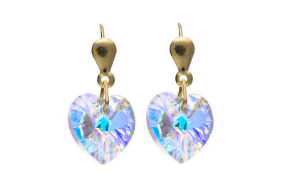 9ct Yellow Gold Crystal Heart Drop Earrings Hallmarked British Made Love