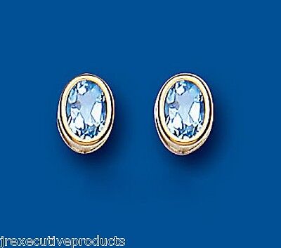 9ct Gold Blue Topaz Earrings Oval Solitaire Stud Yellow Gold November Birthstone