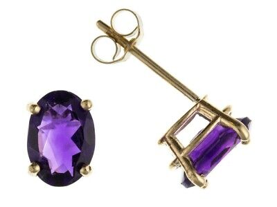 9ct Gold Amethyst Stud Earrings Yellow Gold Oval February Birthstone Hallmark