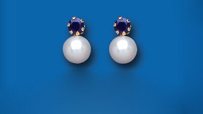 Sapphire and Pearl Earrings Yellow Gold Freshwater Cultured Studs Natural Stones