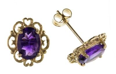 9ct Gold Amethyst Earrings Heart Edge Solitaire ebruary Birthstone Hallmark