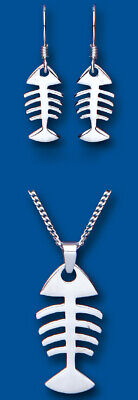 Silver Fishbone Pendant and Earrings Set Solid Sterling Silver 925 16 - 18"