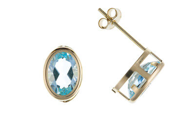 9ct Gold Blue Topaz Earrings Oval Solitaire Stud Yellow Gold November Birthstone