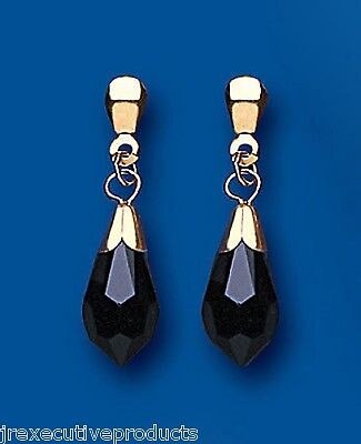 9ct Yellow Gold Black Crystal Drop Earrings Teardrop Hallmarked British Made