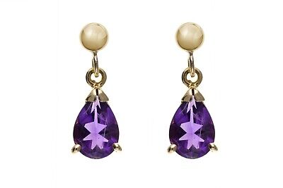 9ct Yellow Gold Amethyst Drop Earrings Teardrop Hallmark February Birthstone