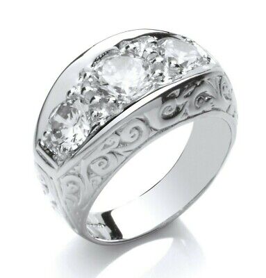 Gents Three Stone Ring Sterling Silver Engraved Detail Hallmarked Size T - Y