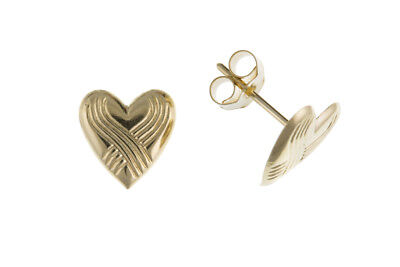 9ct Patterned Heart Stud Earrings Yellow Gold Studs British Made