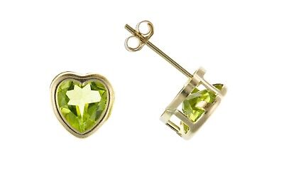 9ct Gold Peridot Heart Stud Earrings Yellow Gold Solitaire August Birthstone