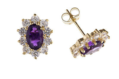 9ct Gold Amethyst Stud Earrings Yellow Gold Cluster February Birthstone Hallmark