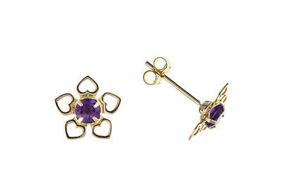 9ct Gold Amethyst Flower Earrings Heart Edge Yellow Gold February Birthstone