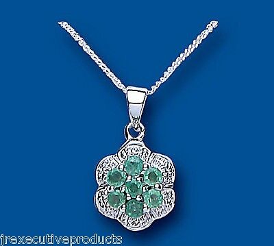 Emerald and Diamond Pendant Solid Sterling Silver With Chain Hallmarked