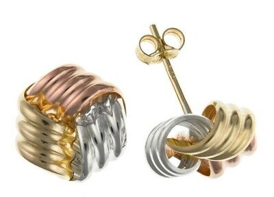 9ct Three Colour Knot Stud Earrings Solid Yellow Rose White Gold 7mm Studs
