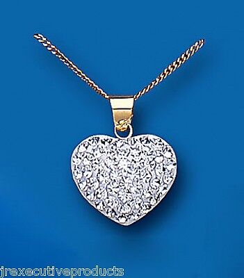 Yellow Gold Heart Pendant Sparkling Austrian Crystal 18" Chain Hallmarked