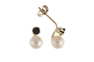 Sapphire and Pearl Earrings Yellow Gold Freshwater Cultured Studs Natural Stones