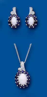 Sapphire and Opal Pendant and Earrings Set With Diamond Solid Sterling Silver
