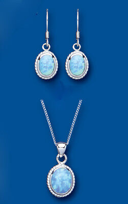 Solitaire Blue Opal Pendant and Earrings Set Solid Sterling Silver Oval