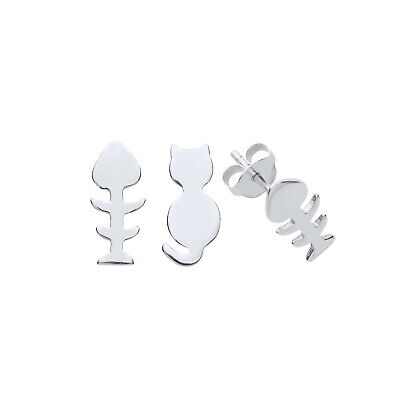 Cat and Fishbone Earrings Sterling Silver 925 Hallmark Stud Ladies Studs Boxed
