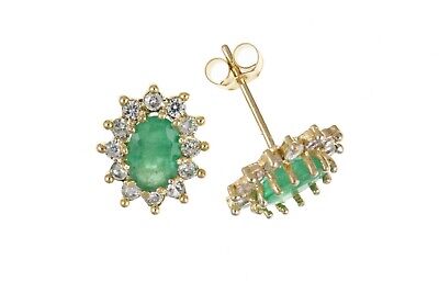 9ct Gold Emerald Stud Earrings Oval Cluster Studs May Birthstone Hallmark