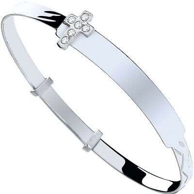 Solid Silver Baby Identity Bangle Cross Expandable British Made 925 Hallmark