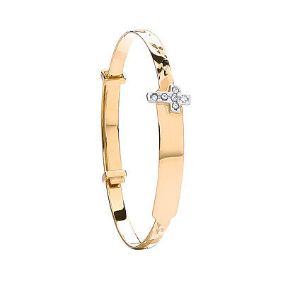 Yellow Gold Identity baby bangle Sparkly Cross Hallmarked Christening Gift