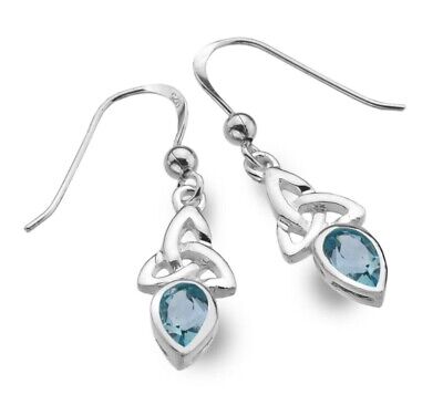 Blue Topaz Celtic Trinity Drop Earrings Solid Sterling Silver 925 Stamp