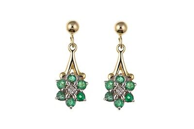 Emerald and Diamond Earrings Yellow Gold Drop Drops Hallmarked Natural Stones