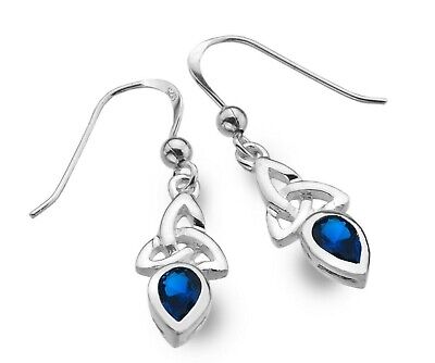 Sapphire Celtic Trinity Earrings Drop Sterling Silver 925 Hallmarked Drops