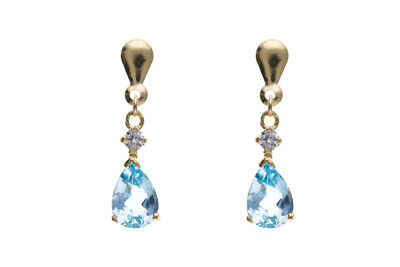 Blue Topaz and Diamond Earrings Yellow Gold Drops Pear Drop Hallmarked
