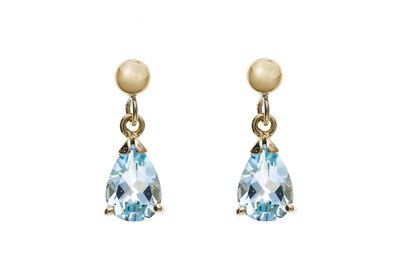 9ct Yellow Gold Blue Topaz Drop Earrings Teardrop Hallmark November Birthstone