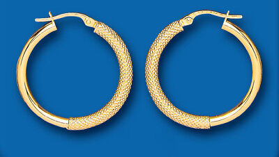Hoop Earrings Yellow Gold 26mm Textured Hoops Creole Hallmarked