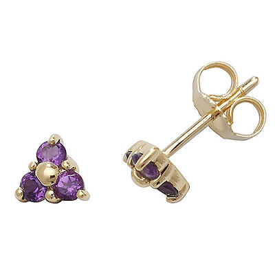 Amethyst Pendant and Earrings Set Three Stone Trilogy 9ct Yellow Gold Hallmarked