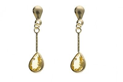 9ct Yellow Gold Citrine Drop Earrings Stick Drops Hallmarked November Birthstone