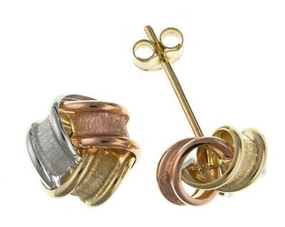 Three Colour Gold Knot Stud Earrings Solid Yellow Rose White Gold 5mm Studs