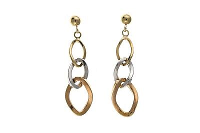 Three Colour Gold Drop Earrings 9ct Yellow White Rose Gold Hallmark Drops Dangly