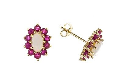9ct Gold Ruby and Opal Stud Earrings Solid Yellow Gold Hallmarked Studs