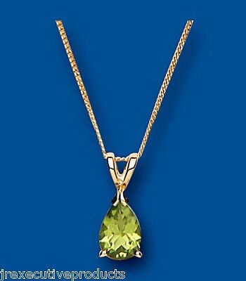 Yellow Gold Peridot Pendant Pear Solitaire Hallmarked 18" Chain British Made