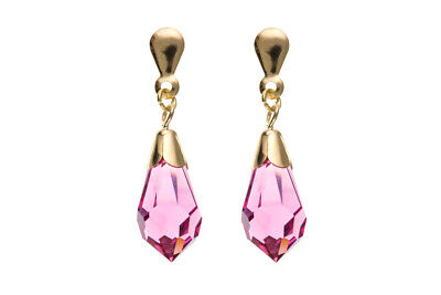 9ct Yellow Gold Pink Crystal Drop Earrings Teardrop Hallmarked British Made