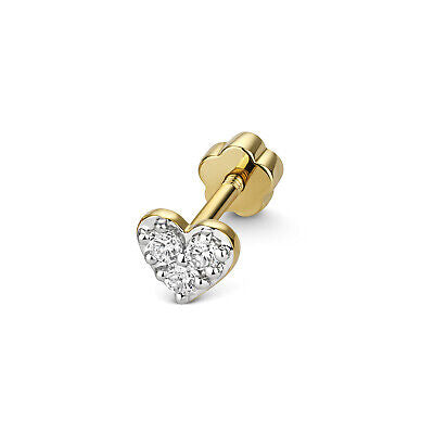 Diamond Heart Cartilage Stud Ear Yellow Gold Real Diamonds 0.09ctw
