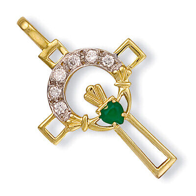 Claddagh Cross Pendant Yellow Gold Green Agate Hallmarked British made
