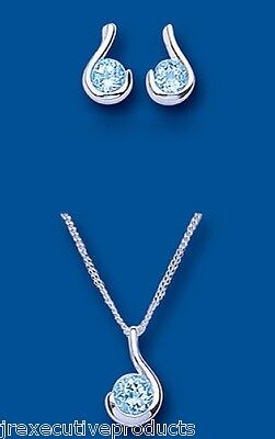 Blue Topaz Pendant and Earrings Set Solid Silver Swirl Design