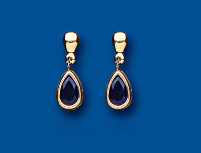 9ct Yellow Gold Sapphire Drop Earrings Teardrop Hallmark September Birthstone