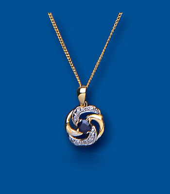 Yellow Gold Sapphire Pendant Swirl Design hallmarked 18" Chain Necklace