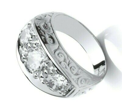 Gents Three Stone Ring Sterling Silver Engraved Detail Hallmarked Size T - Y