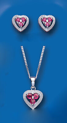 Ruby and Diamond Heart Set Pendant and Earrings Solid Sterling Silver