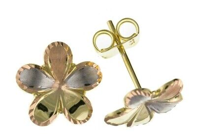 9ct Three Colour Flower Stud Earrings Solid Rose White Yellow Gold British Made