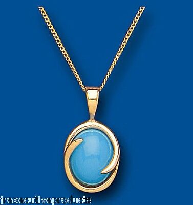 Yellow Gold Turquoise Pendant Oval Solitaire Hallmarked 18" Chain British Made