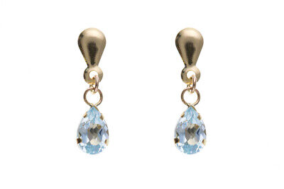 9ct Yellow Gold Blue Topaz Drop Earrings Hallmark November Birthstone